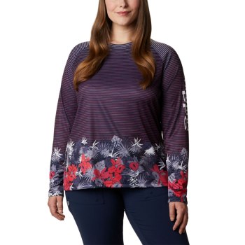 Columbia Ženske Majice S Kapuljačom - PFG Super Tidal II Long Sleeve Plus Size Tamnoplave Prugice |